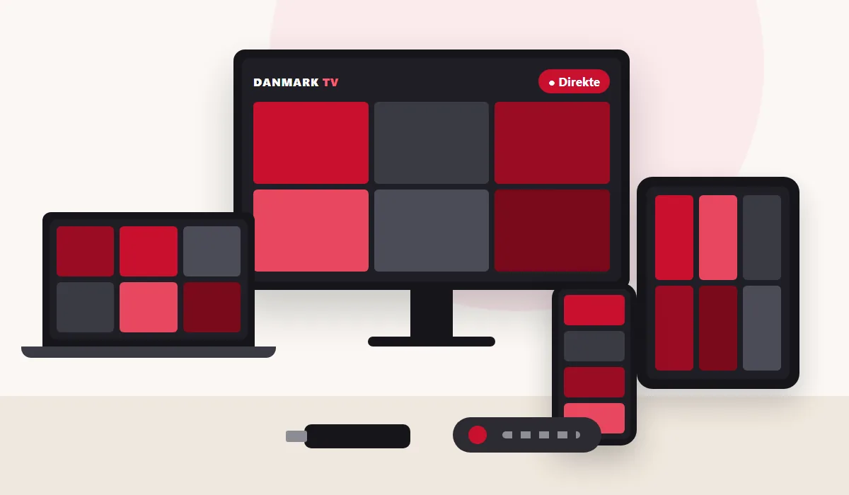 Et tv, en bærbar, en tablet, en mobil, en streamingstick og en fjernbetjening, der alle viser den samme tv-menu