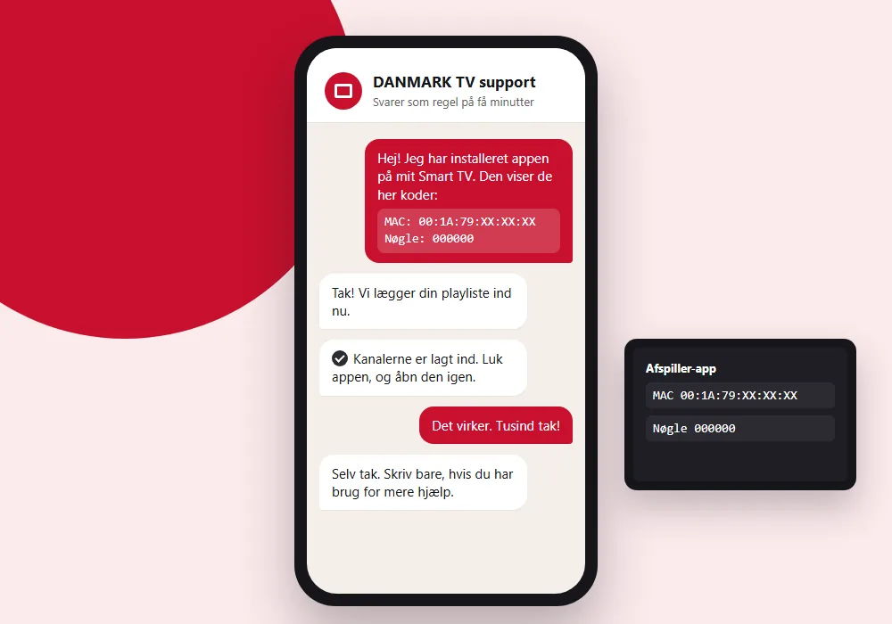 Eksempel på en supportchat på en mobil: kunden sender koden fra tv-appen, og supporten bekræfter, at kanalerne er lagt ind